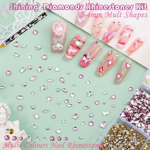 10000 Nail Spells and Gem Set, Pink Cute Bow, 3D Flowers, 15 grid pearl flowers