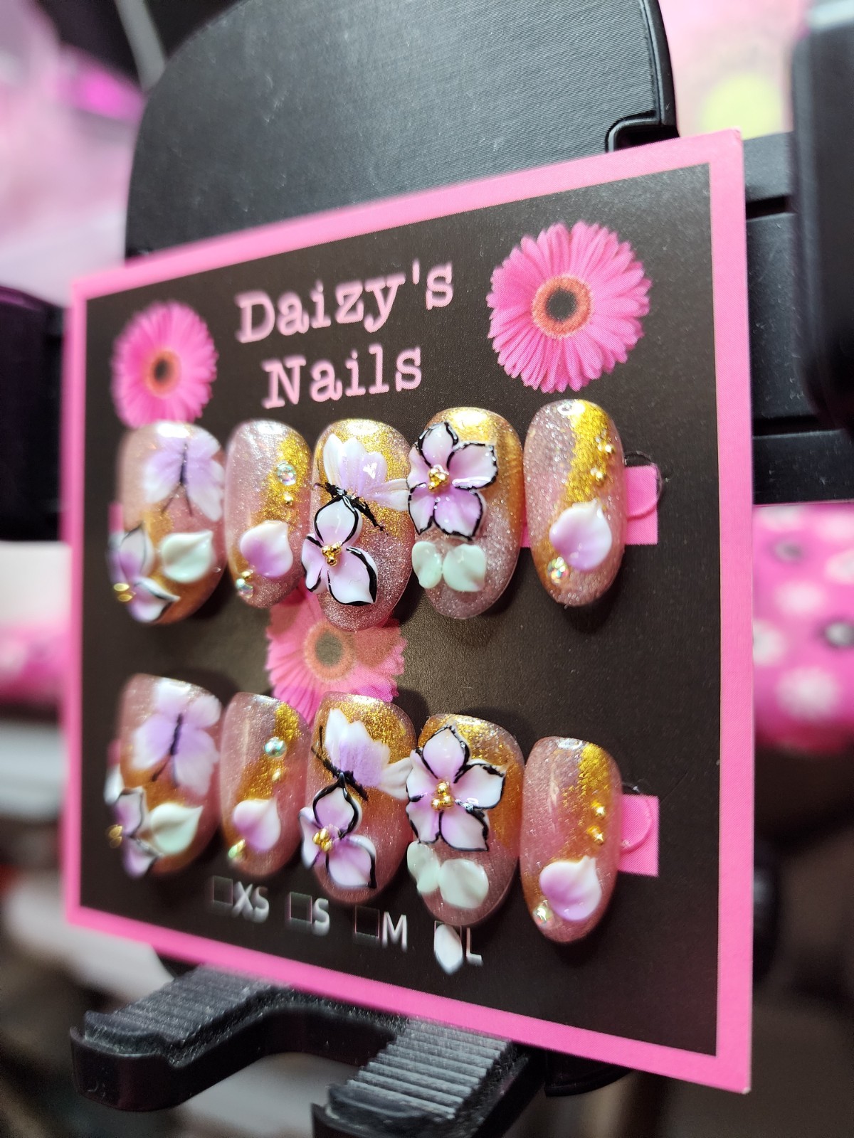 Large Size Press-on Nail 10Pc Set Handmade Oval Purple 3D Flower 2.0 Cm Length