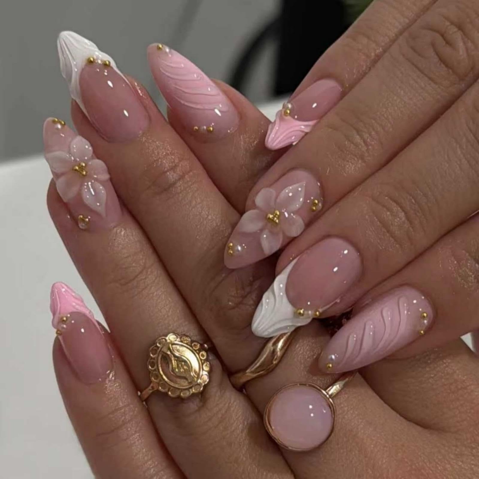Medium Almond Press on Nails French Tips Nails Press on with 5D Flower Charm …