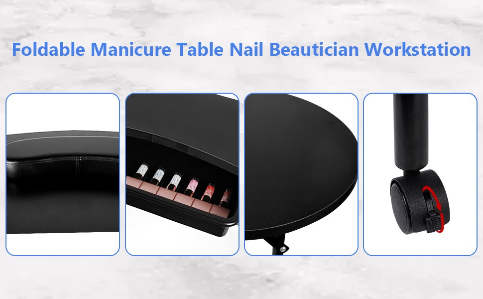 Black Portable Manicure Table Folding Nail Desk Beauty Salon Spa w/Wheels & Bag
