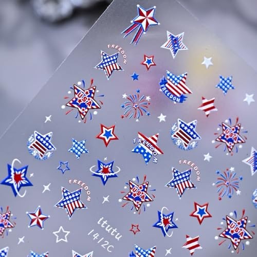 4th of July Nail Stickers 5D Embossed Star Decals Red White Blue Pattern27