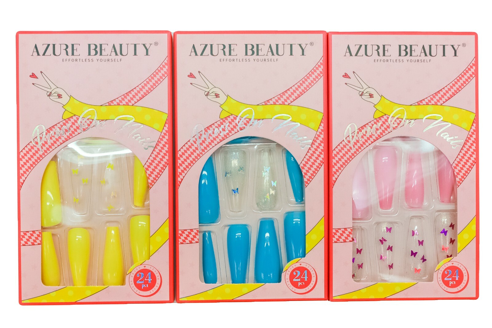 3 Pack Azure Beauty ABS Plastic Press On Nails Pink Yellow Blue Butterflies