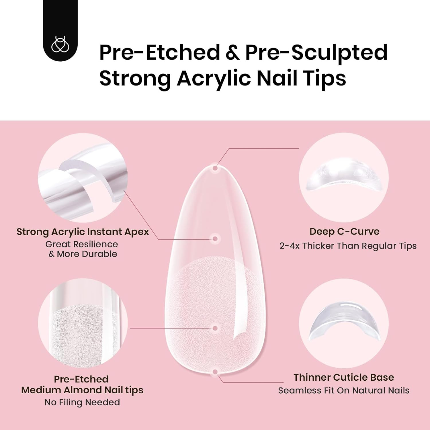 Beetles Tipex Instant Apex Nail Tips Almond Medium Acrylic Nail Tips, Pre-Etched