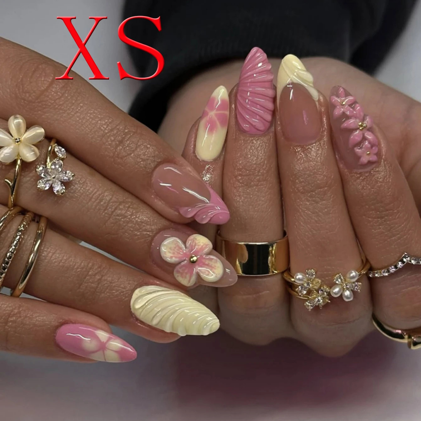 10PCS French Pointed Almond Acrylic Nails Medium Length 3D Full Cover Fake Nails