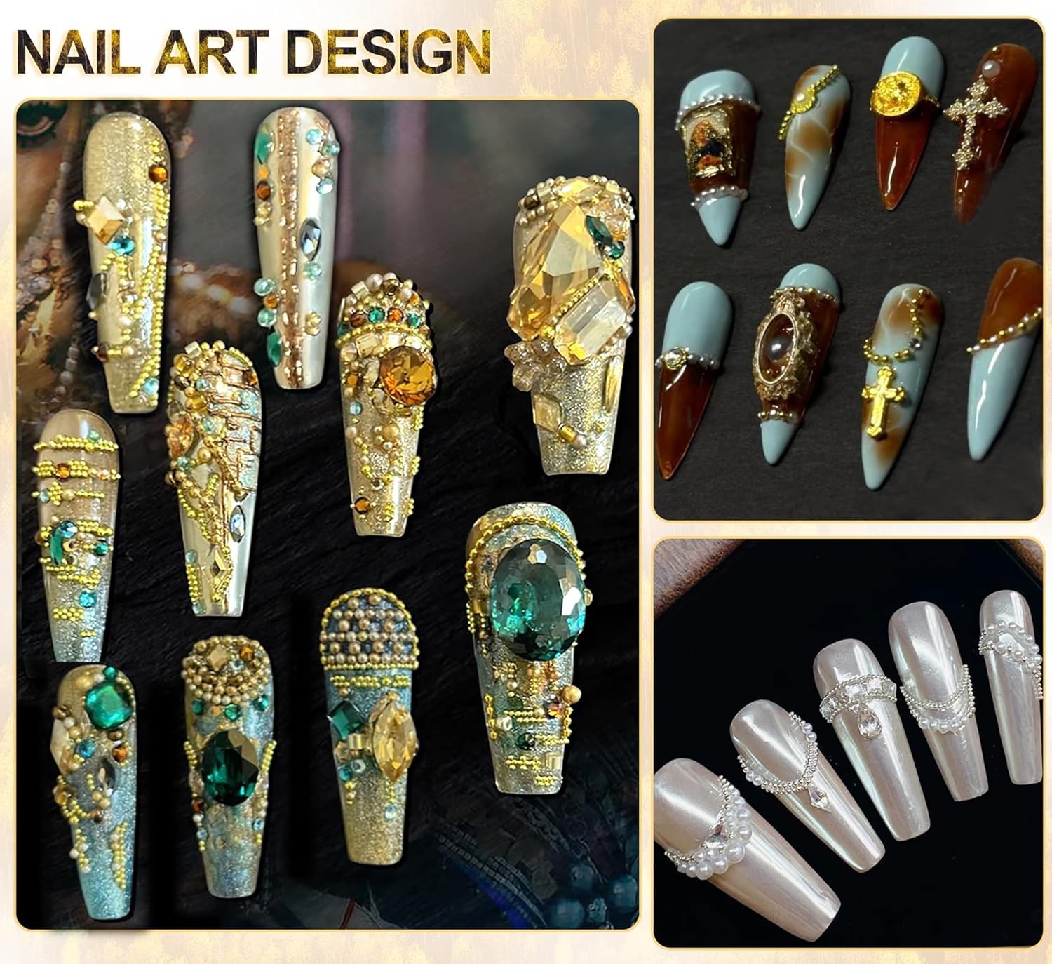 Gold and Silver Nail Art Charms Kit with Caviar Beads Flatback Pearls and Chain