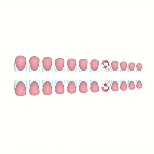24 Pcs Floral Press on Nails Blue French Tip Fake Nails Extra Short Style 18