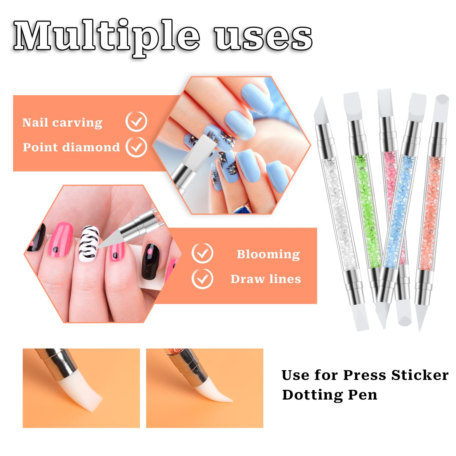 5 Pcs Nail Art Sculpture Pen Dual Tipped Silicone Tools 5 pcs style A