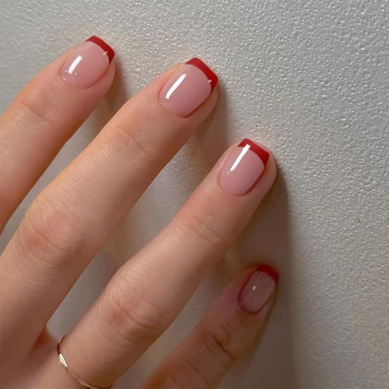 Red French Tip Press on Nails Short Square Petite Fake Nails Reusable False N…