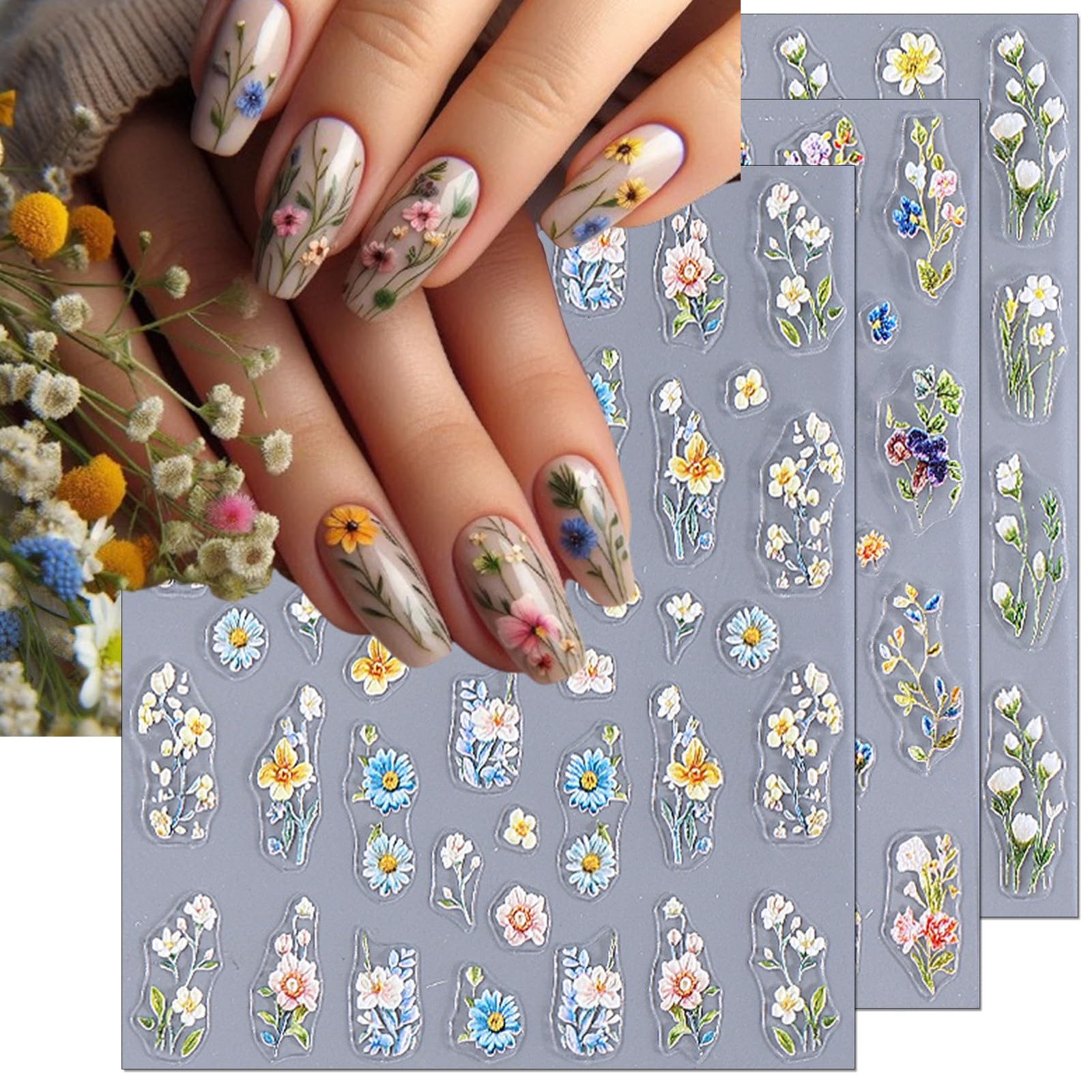 IDDFEVE embossed wild flower nail stickers 3 sheets
