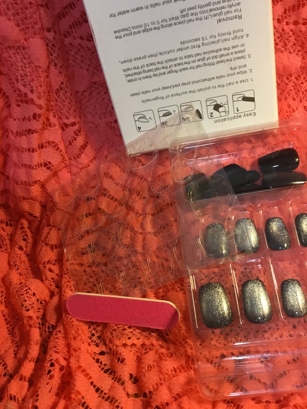 Glossy Press On Nail Square False Nails Design ~ Black/Black Metallic Set of 24