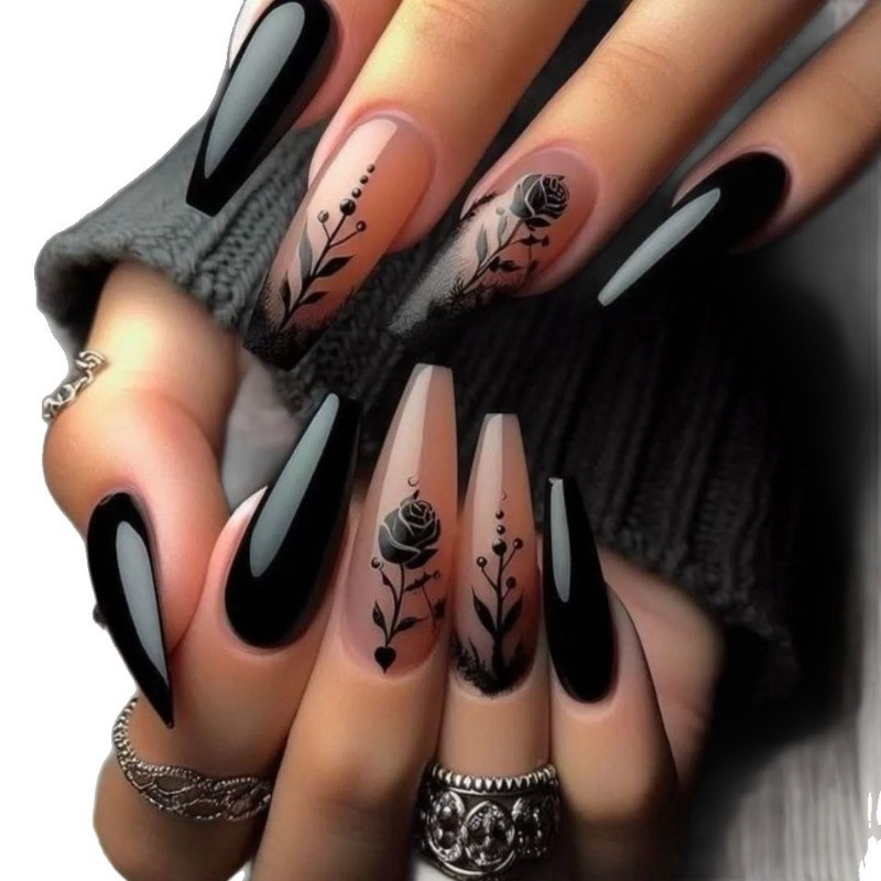 48pcs-Black Rose Press on Nails, Long Stiletto Nude Gradient Gothic Fake Nails