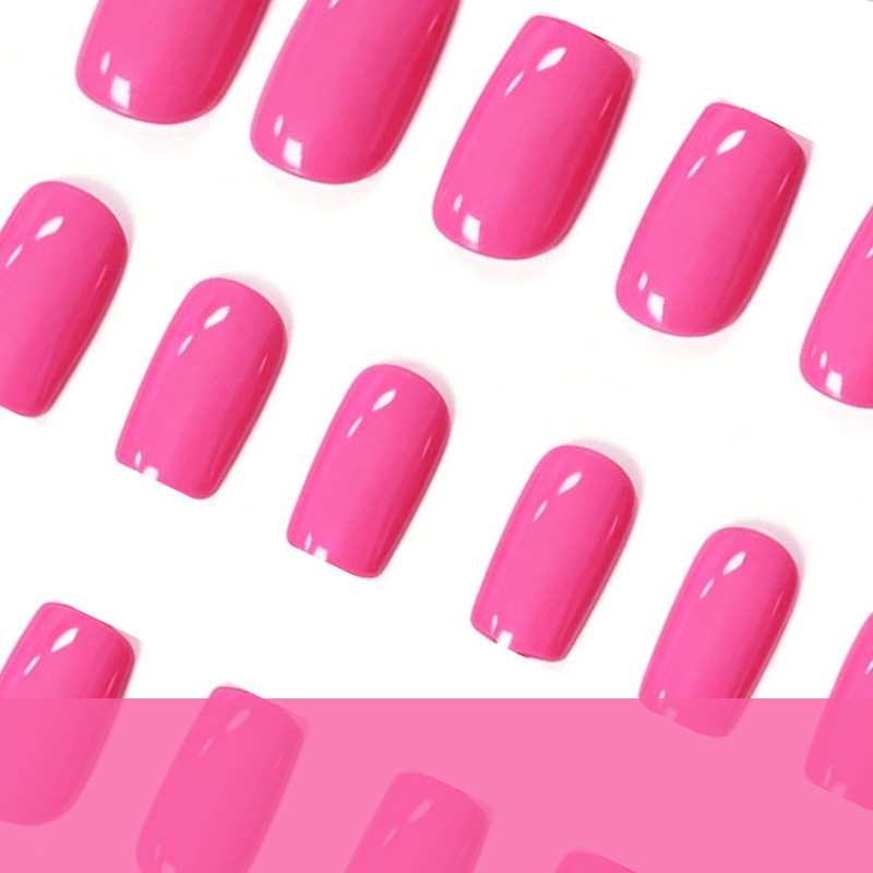 48Pcs-Short Square Bright Hot Pink Solid Color Glossy Press on Nails