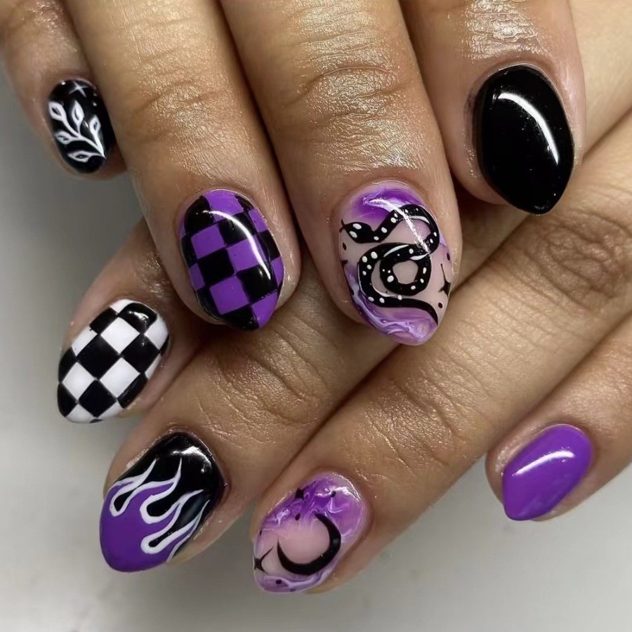 48 Pcs Snake Flame Check Print Press on Nails, Oval Punk Trendy Fake Nails