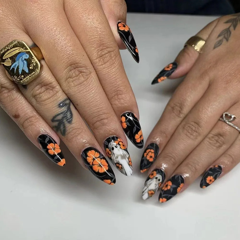 24pcs Halloween Spider Gothic Short Round Press On Nails