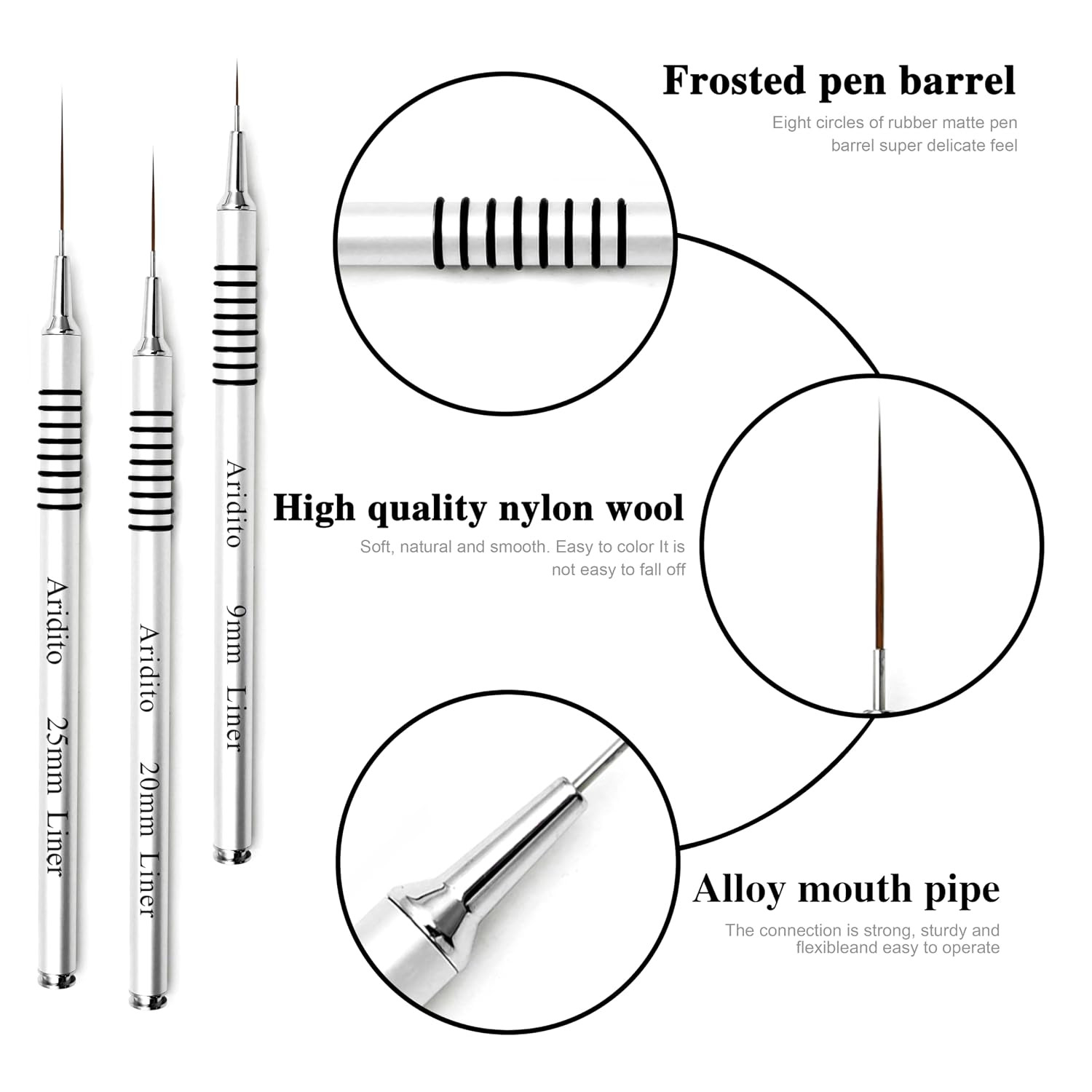 6Pcs Silver Metal Handle Nail Art Liner Brushes Set | 5/7/9/11/20/25Mm Sizes