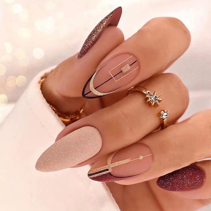 4 Packs (96 Pcs) Press on Nails Medium Gold & Black Almond Design, Matte Fake…