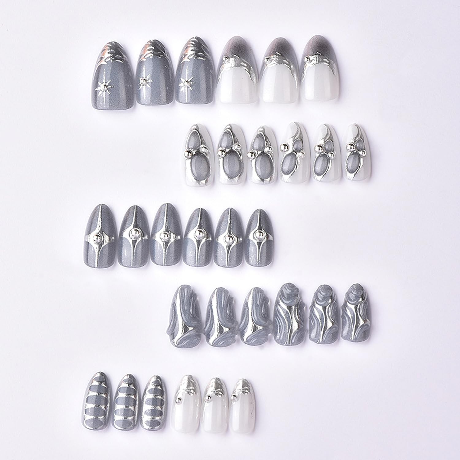 30Pcs Silver French Tip Press on Nails Medium Almond Fake Colorful -12