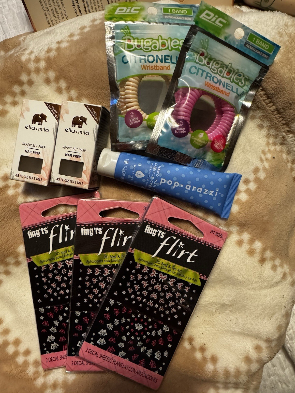 Nail & Toe Decals-2 Sheets+hand/cuticle cream +nail prep+2 bug repel wristbands