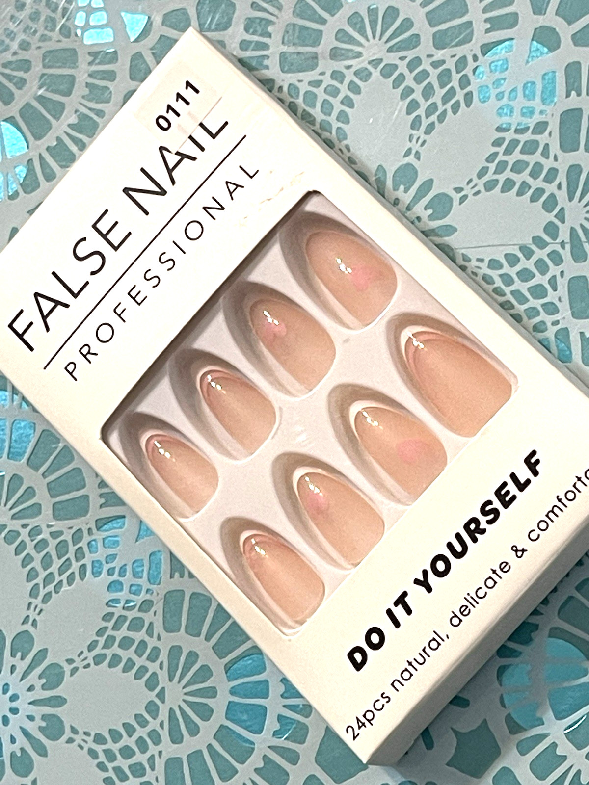 False Nail Professional NUDE with DOUBLE FRENCH PINK HEARTS DETAIL Press On Mani
