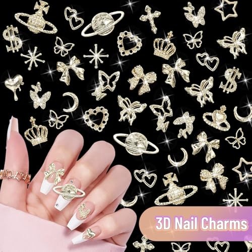 180 Pcs Gold Nail Charms and Gems, Bow Star Butterfly Cross Alloy Nail