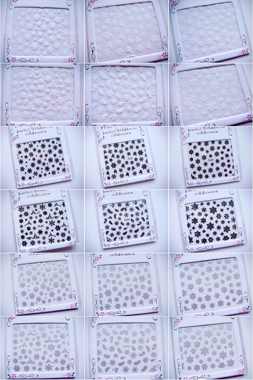 GOLD SILVER XMAS 3D Nail Art Stickers White Black Snowflakes Angels Reindeer