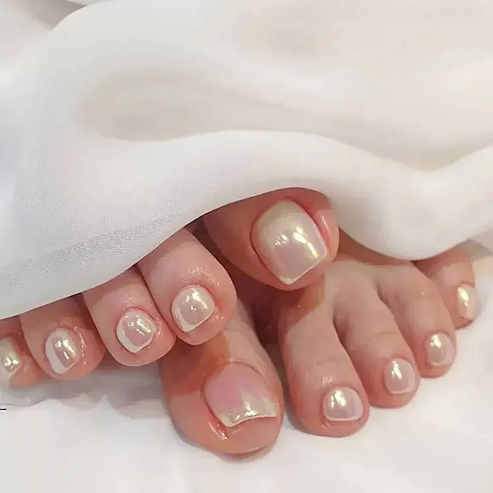 24pcs Sequins Full Cover Short Square Artificial Fake Toenails for Women Foot