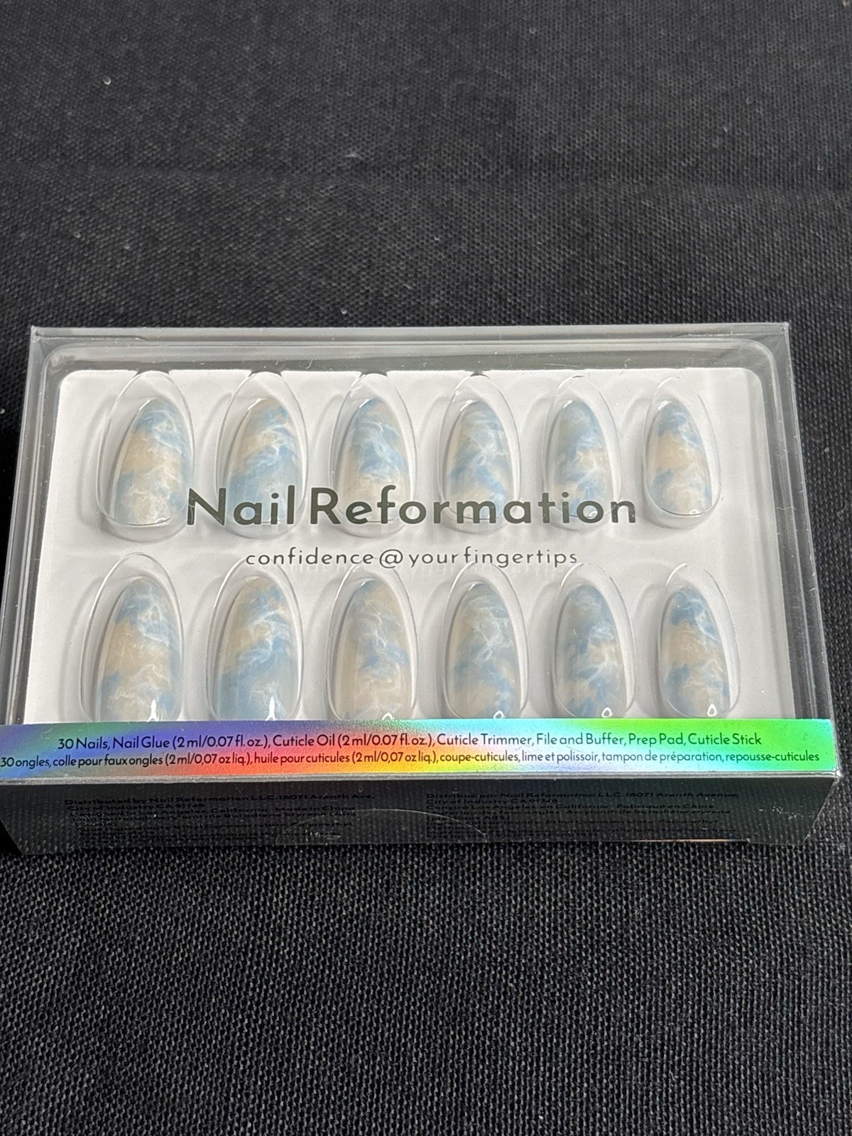 Nail Reformation Marble Shiny Almond Long Press-On Nails Blue White Beige A164