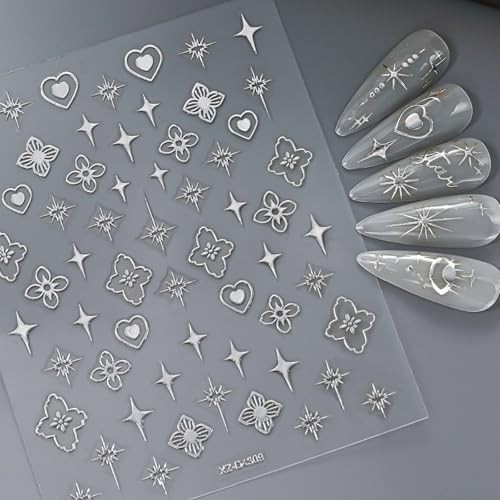 12 Sheets Bronzing Silver Nail Art Stickers, 3D Self-Adhesive Sun Moon Style12
