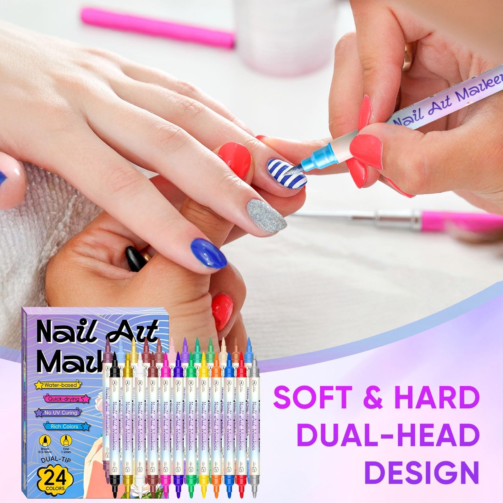 24 Color Dual-Ended Nail Art Pens Set, Quick-Drying Markers for DIY Nail Design