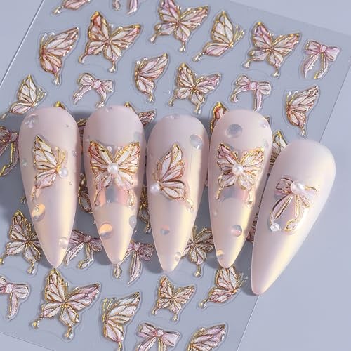 5D Nail Stickers Set for Women Girls, 2 Sheets 3D Flower & Butterfly Nail Pink