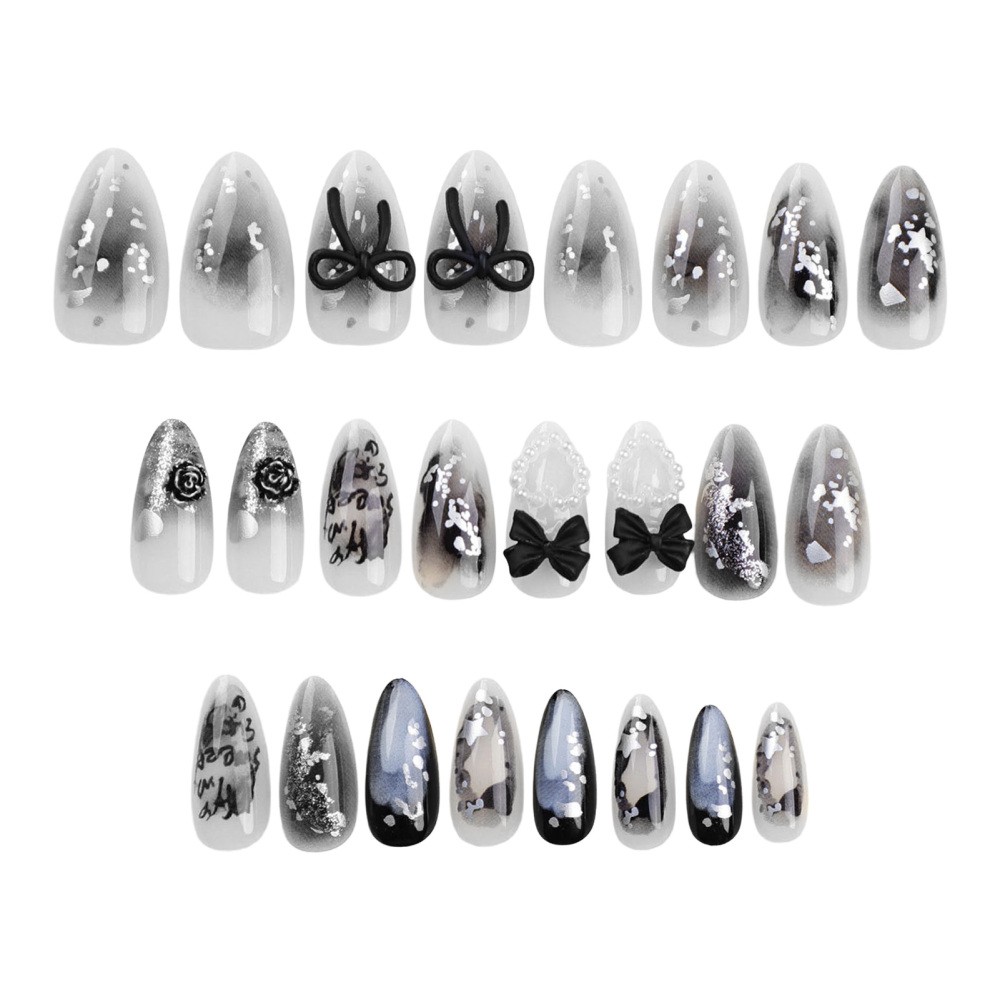Nail Stickers Almond Shape Black 3D Bow with Pearl Heart Star Gradient Glitter