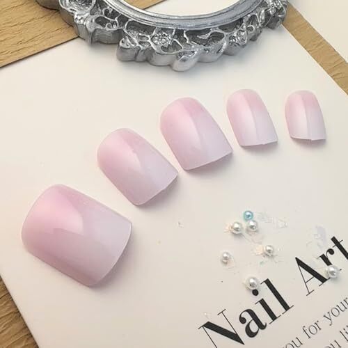 Ombre Press on Nails Short Square Fake Nails Pink Gradient False Nails style1