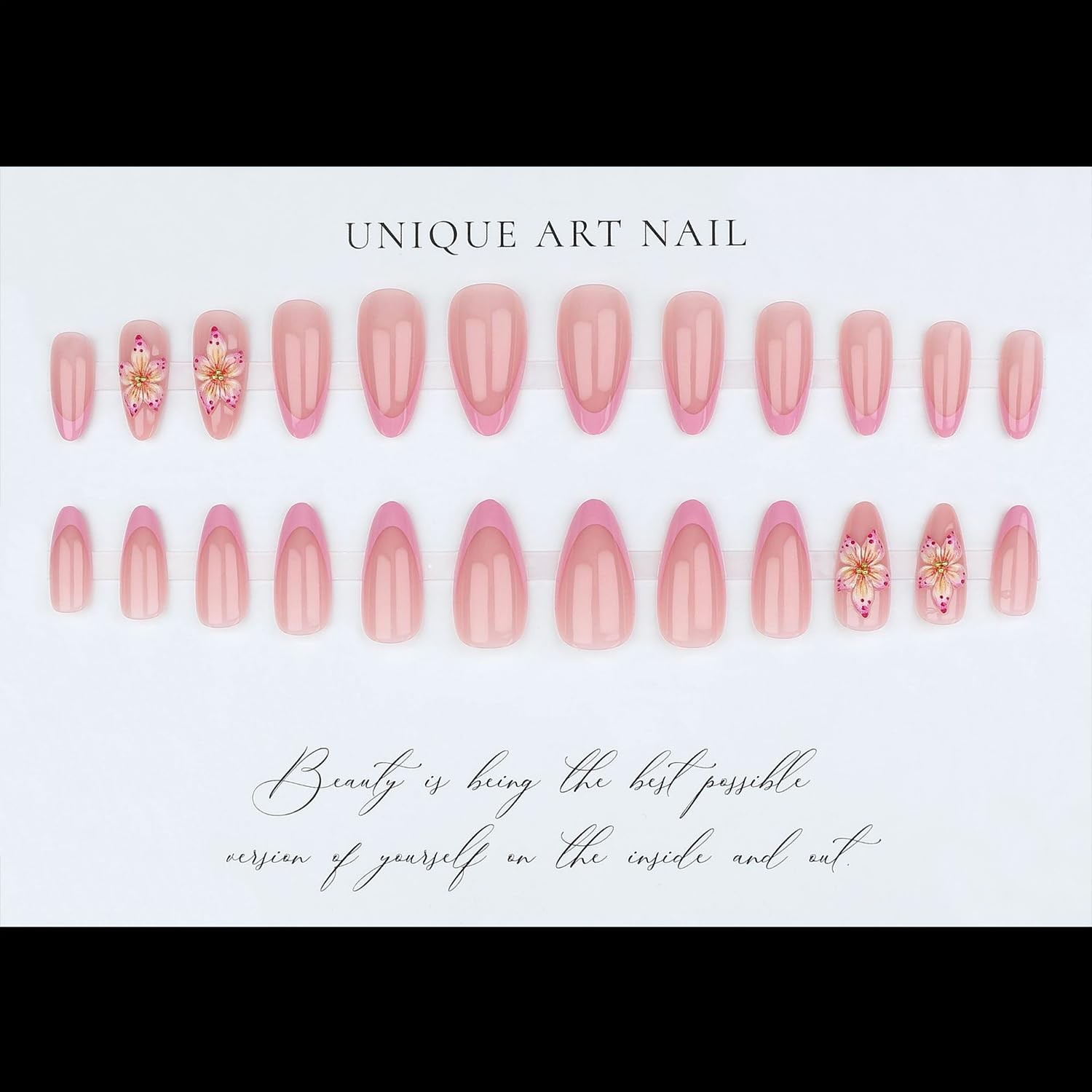 Pink French Tip Press On Nails Medium Almond Fake Nails With 3D Flower Design…
