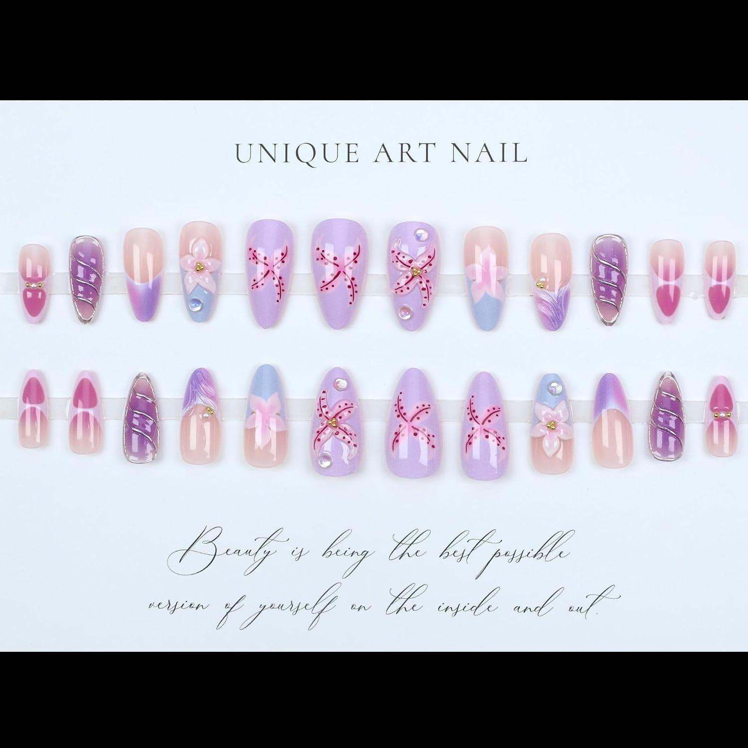 3D Flower Press on Nails Medium Almond Fake Nails with Floral Pearl Designs Purp