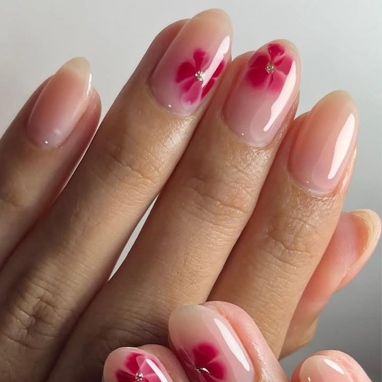 Short Press on Nails Almond Nails Pink Flower Press Ons with Design Cute Styl 6