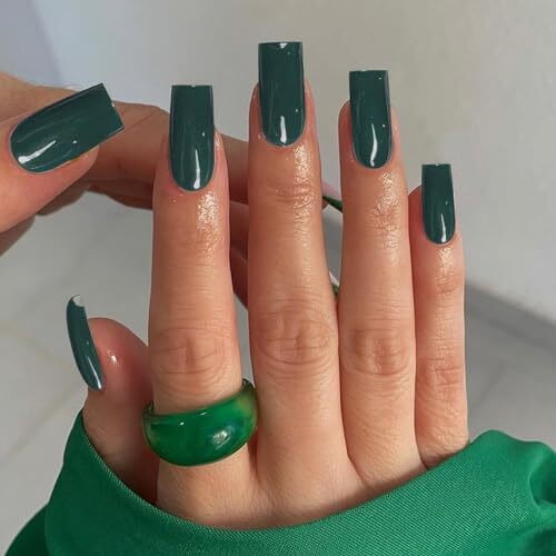 Spring Nails Dark Green Press on Nails Medium Long Square, Solid Color green