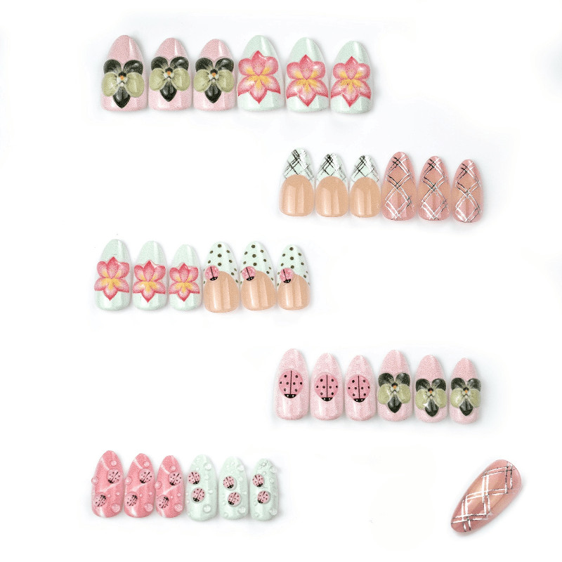60Pcs Flower Ladybug Pastel Oval Press on Nails, Cute Fresh Nude Fake Nails