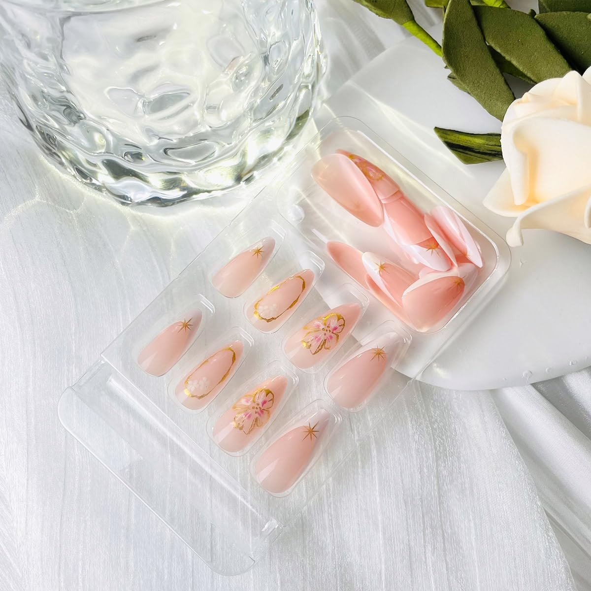 White French Tip Press on Nails Gold-Stamped Pink Flower Fake Nails Medium Al…
