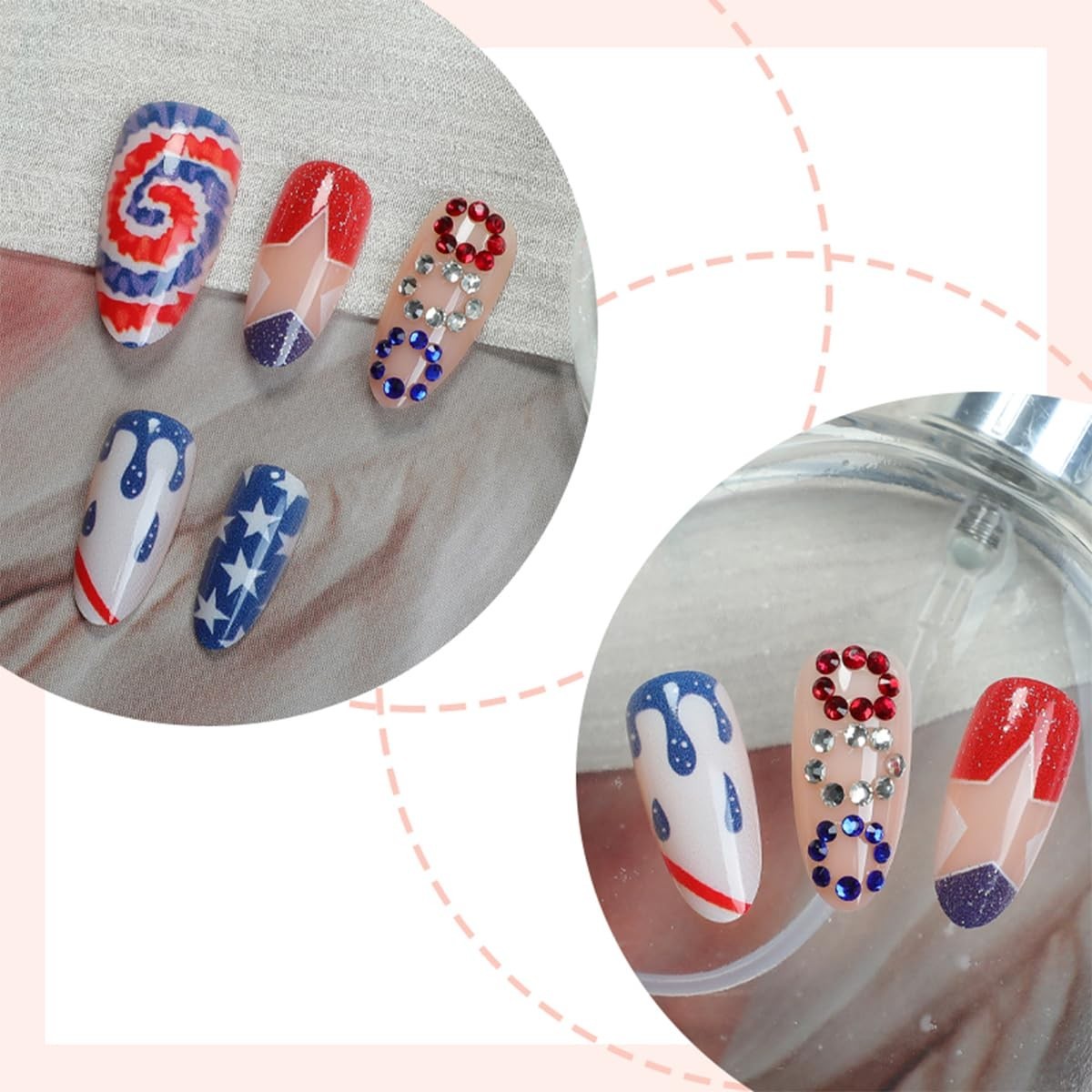 Unique 4th of July Acrylic Nails Full Cover with Star and Fireworks Design