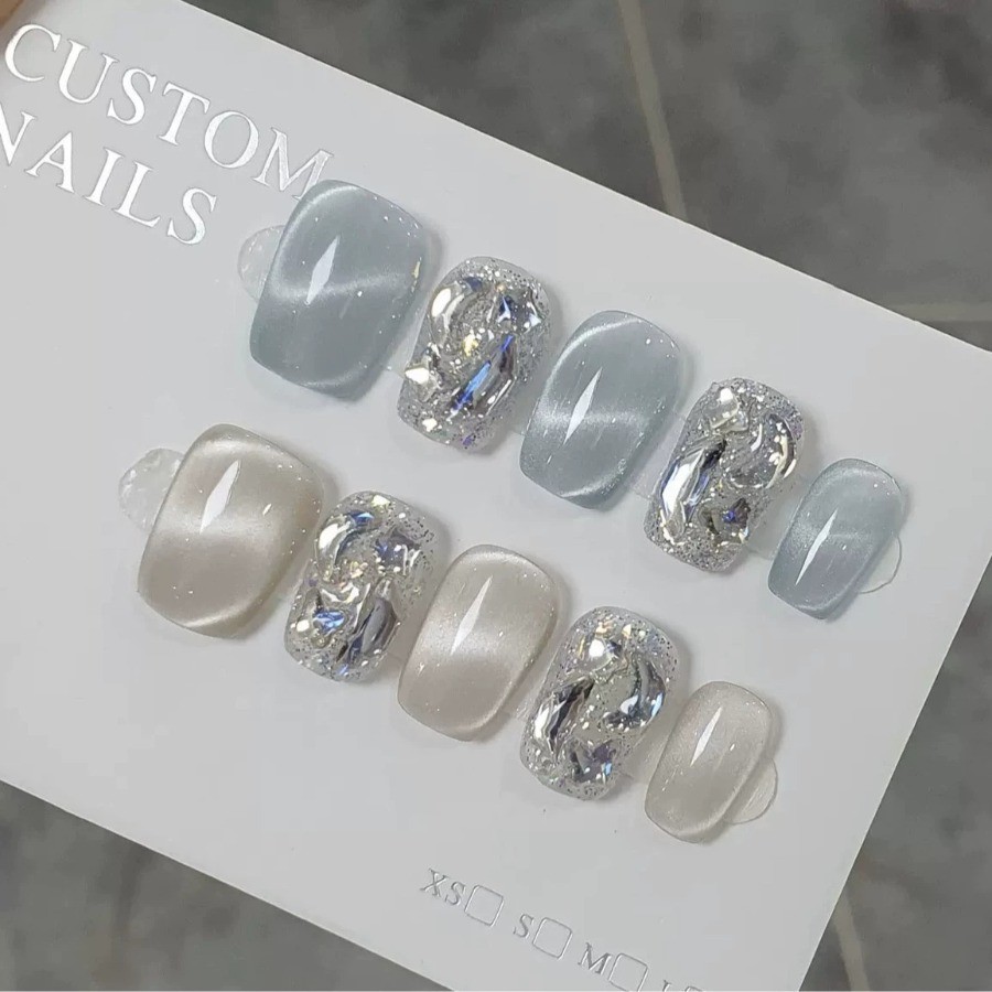 Handmade Press On Nails 10pc Pink Glitter Cat-Eye Design Oval Short Shape Glossy