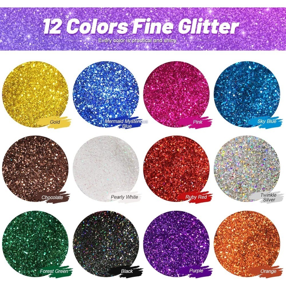 Extra Fine Glitter Powder 12 Color Set 10g Shake Jars for Arts Crafts Nail Art