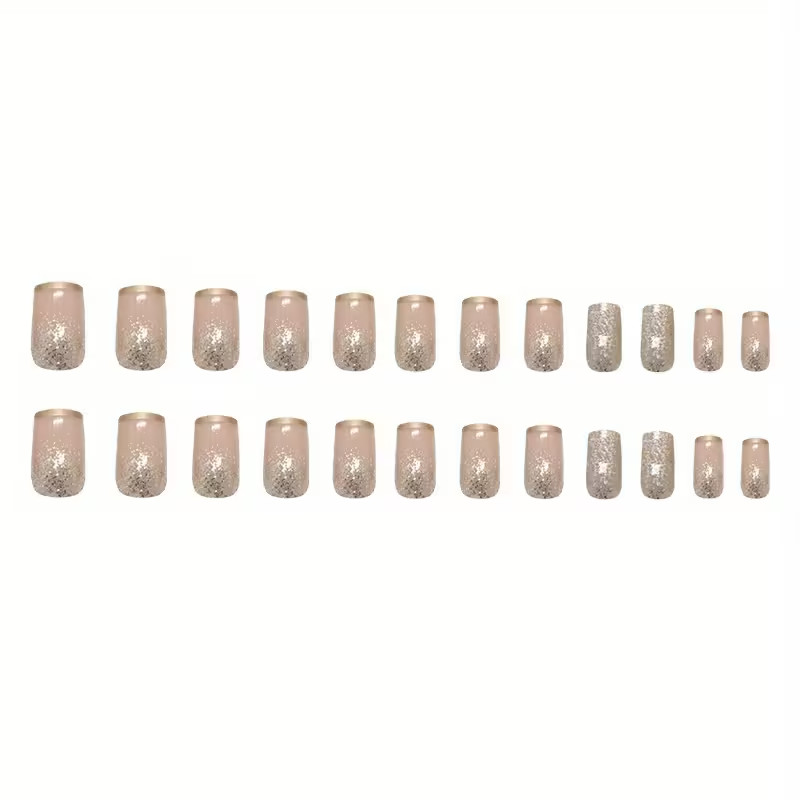 24pcs of Short Square Press On Nails, Glittery French Style, Elegant, Events