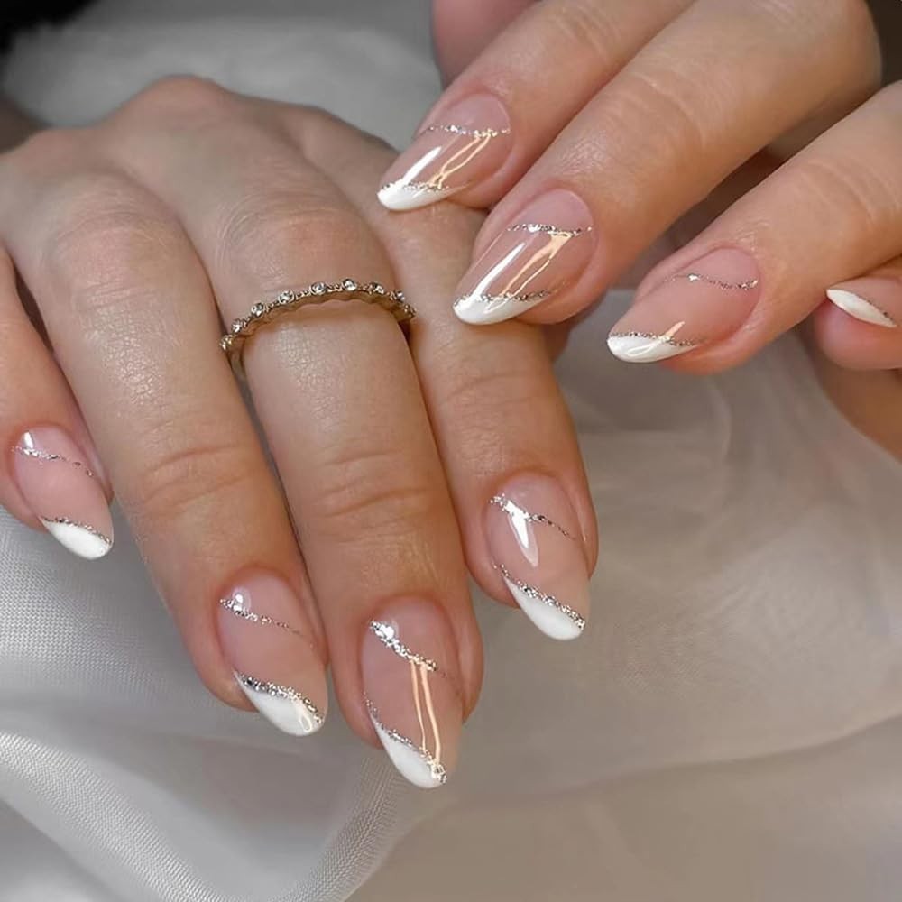 French Tip Press on Nails Almond Short White Fake Nail with Silver Curved Lin…