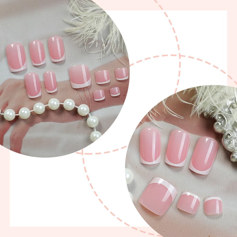 48 Pcs Pink Press On Nails Short Square & Press On Toenails Set,YEFIUO Summer…