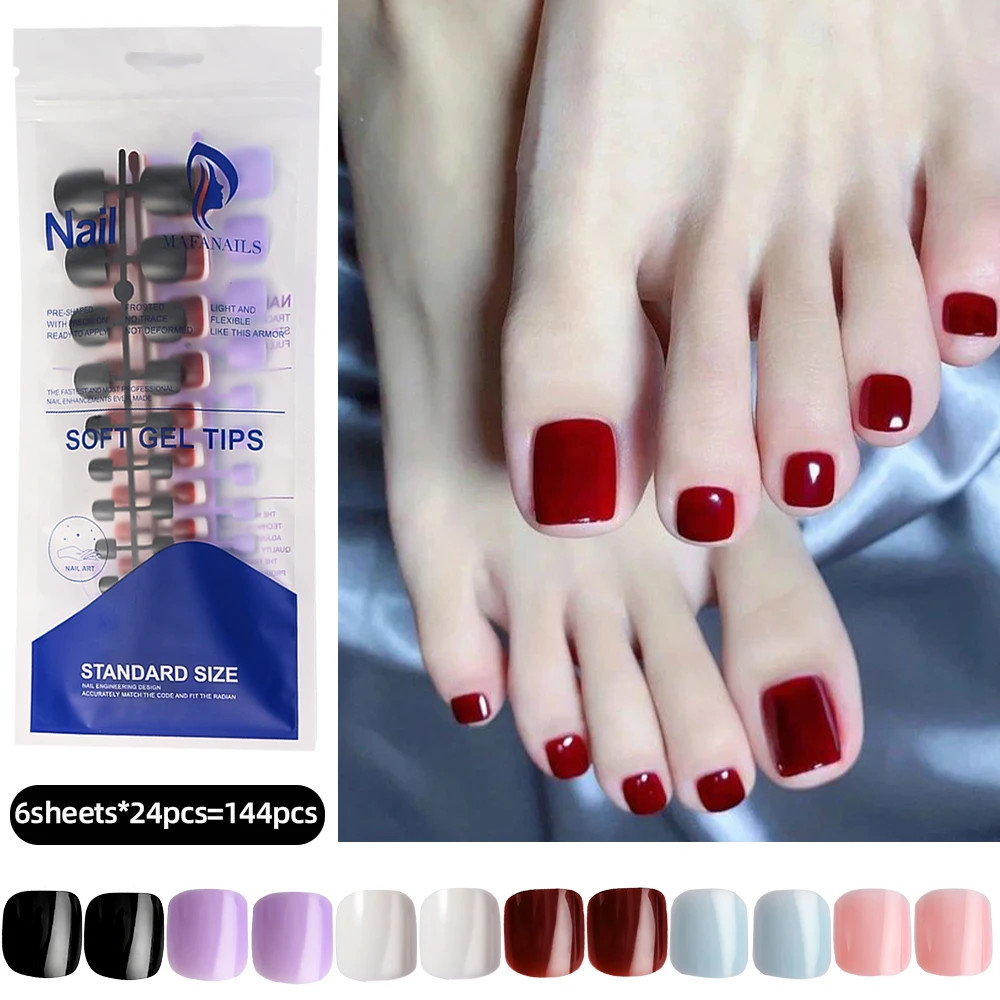 120pcs Press On Toenails Pink French Tip Short Square Glossy Finish False Foot