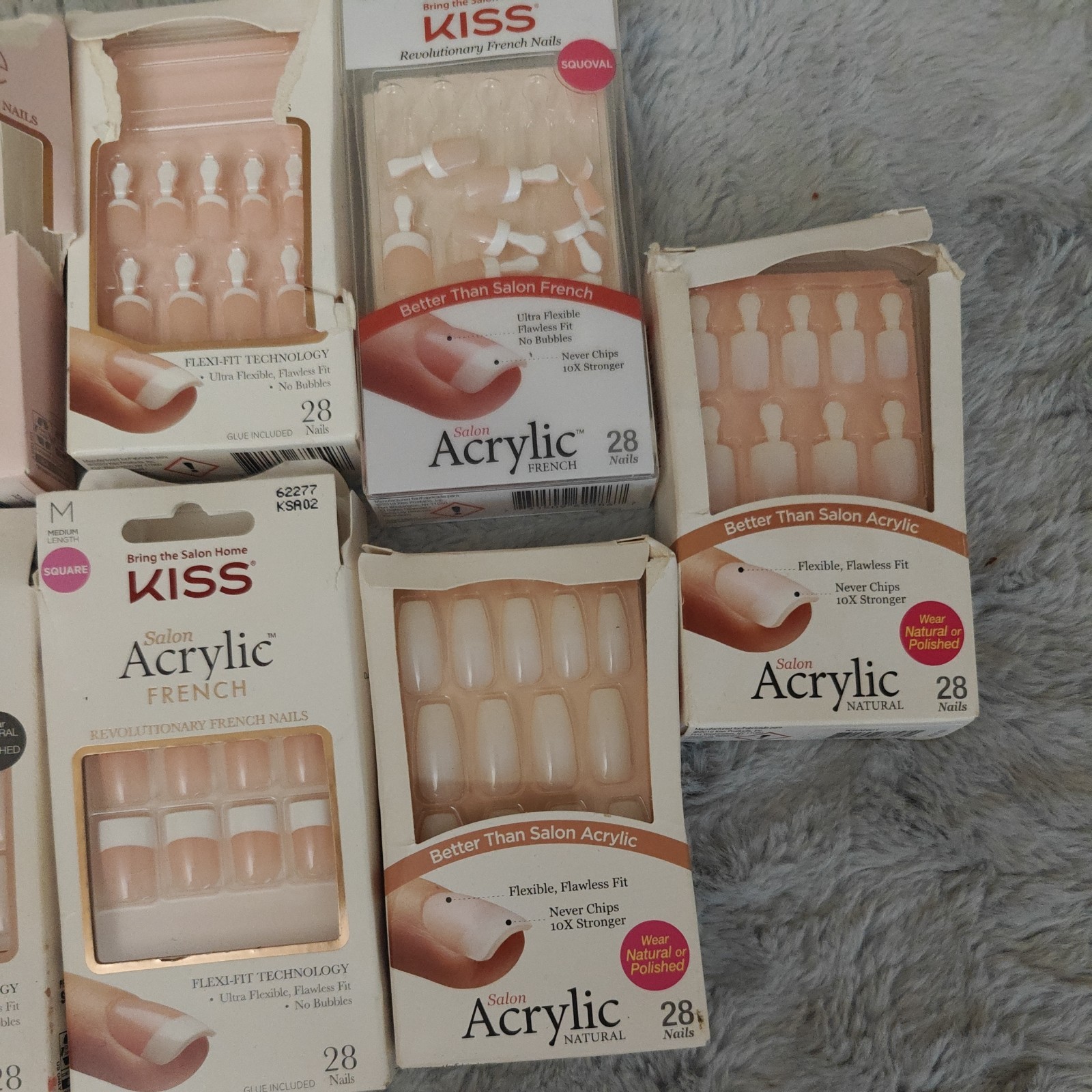 Lot of 9 KISS Salon Acrylic French & Natural Nails Square Medium NEW Box Damage