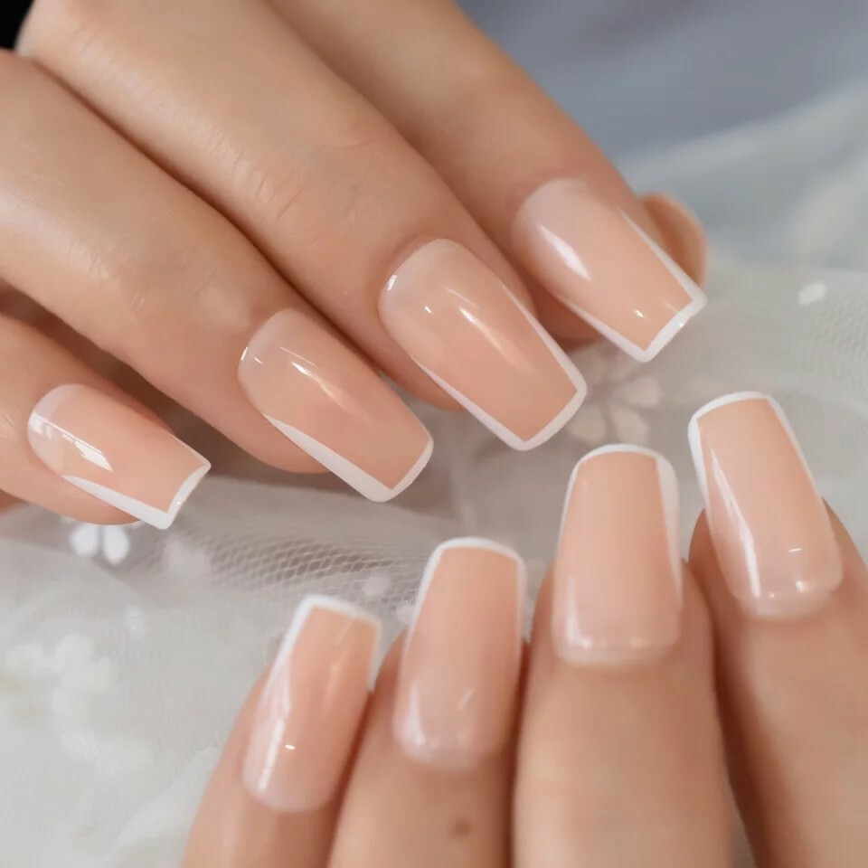 Press On Nails Nude White Rim Square Natural Modern French unique border trendy