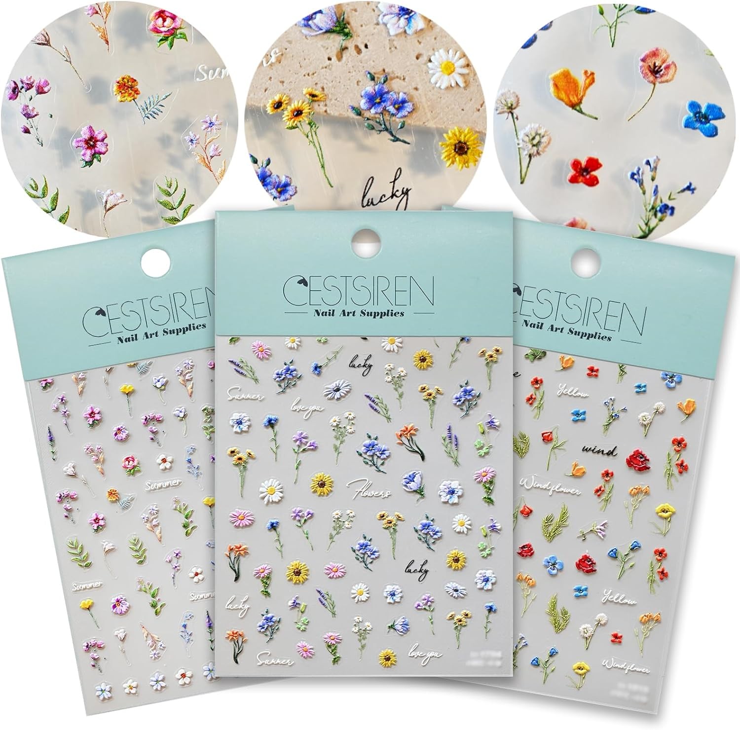 Flower Nail Art Stickers 3D Embossed Decals for Colourful