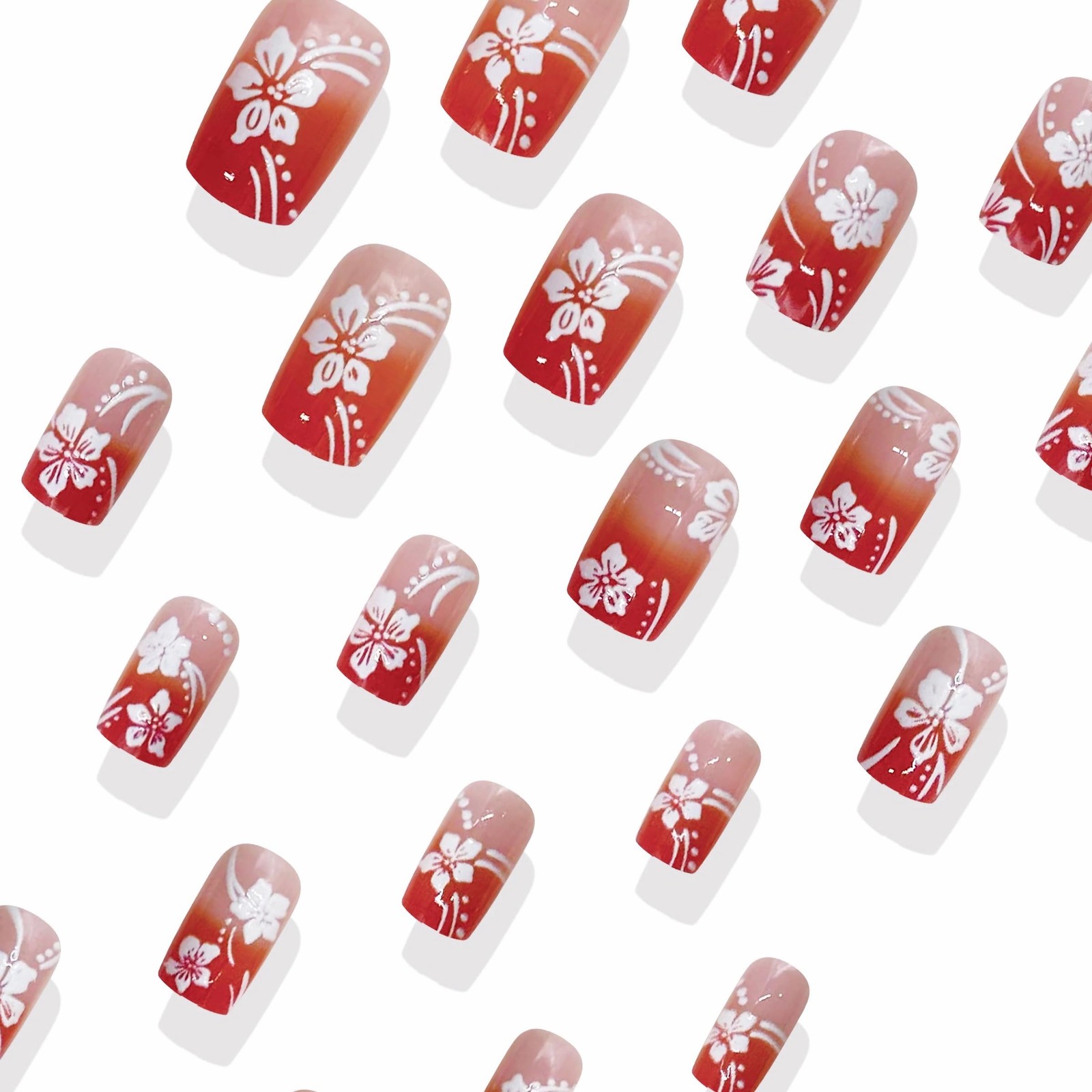 Square Press on Nails Medium Fake Nails Orange Red Ombre French Tip Glue ons …