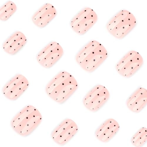 24Pcs Polka Dot Press on Nails Short Square Fake Nails Black Dot False dot